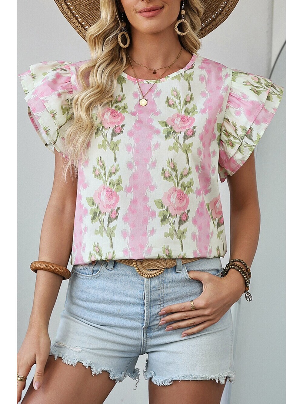 Floral Pink and White Ruffle Sleeve Blouse